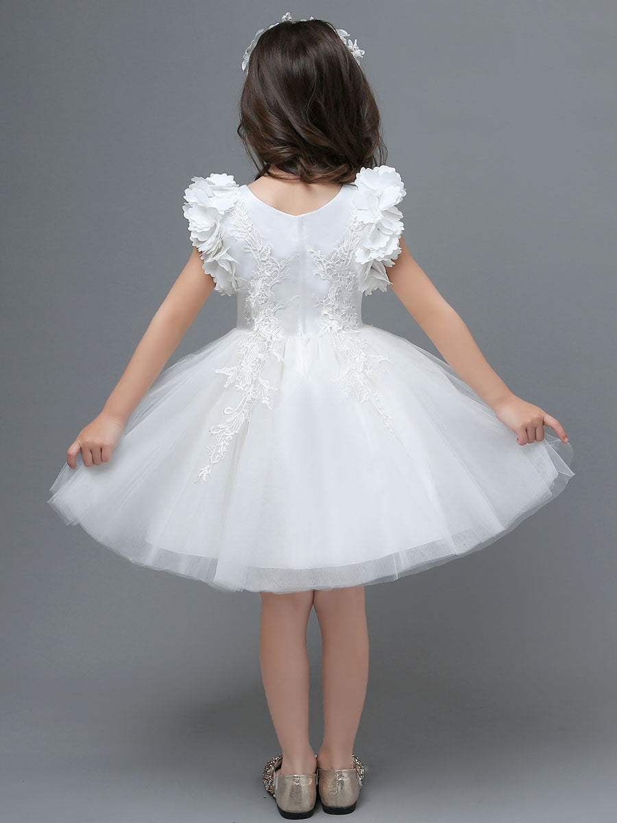 White A-Line Zipper V-Neck Sleeveless Tulle Flowers Kids Party Dresses-showprettydress