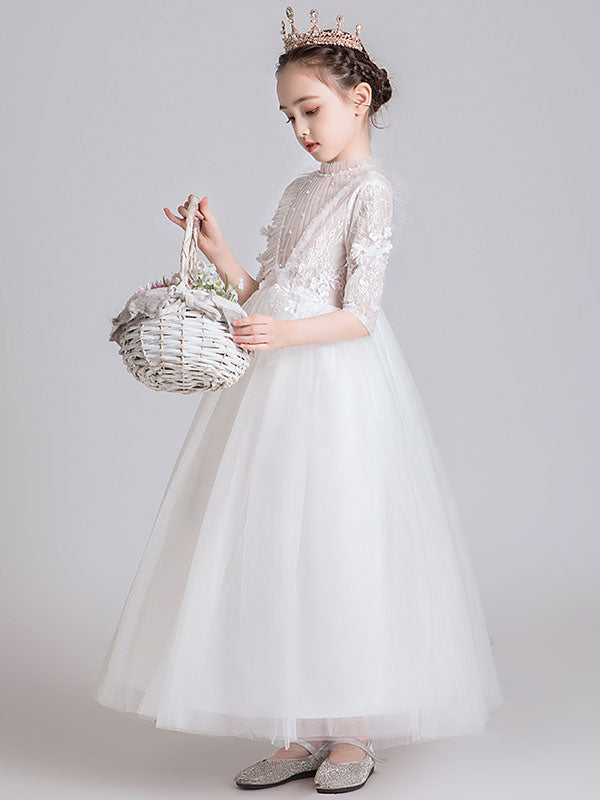 White Jewel Neck Polyester Half Sleeves Ankle-Length Princess Dress Kids Formal Pageant Dresses-showprettydress