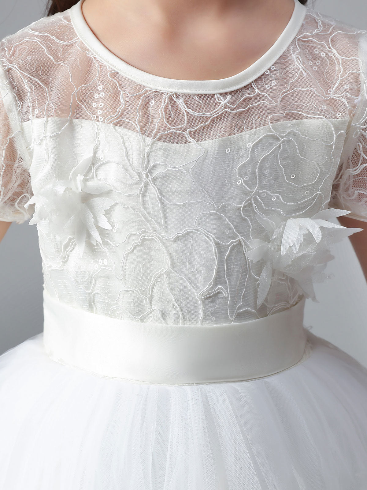 White Jewel Neck Short Sleeves Flowers Embellishment Tulle Lace Kids Social Party Dresses-showprettydress