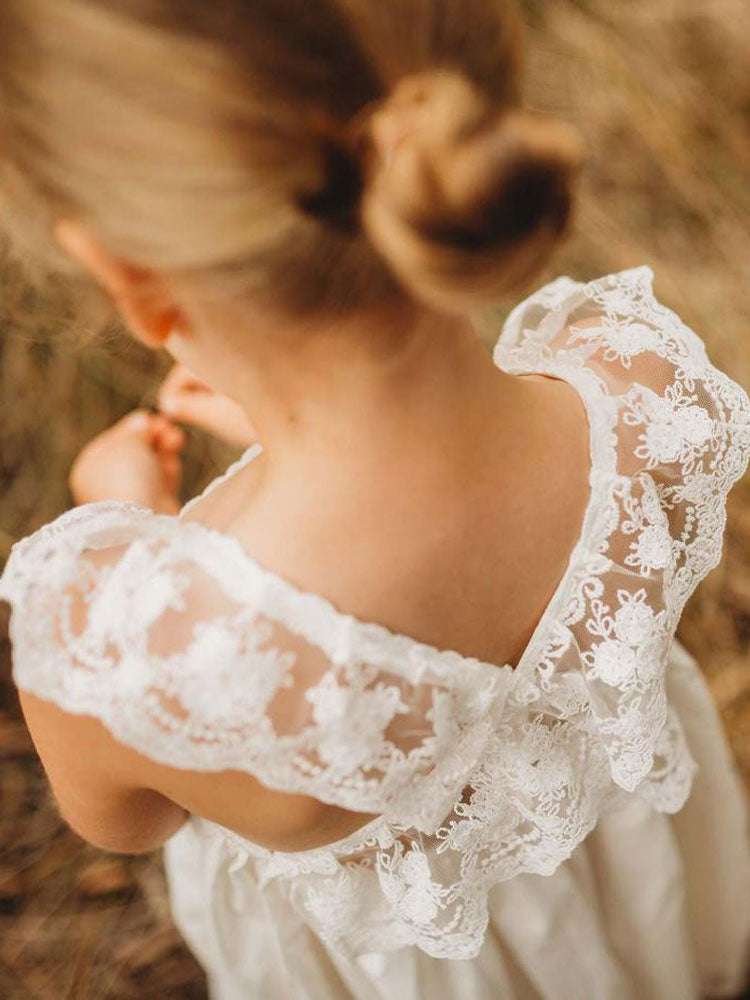 White Jewel Neck Sleeveless Lace Kids Social Party Dresses-showprettydress