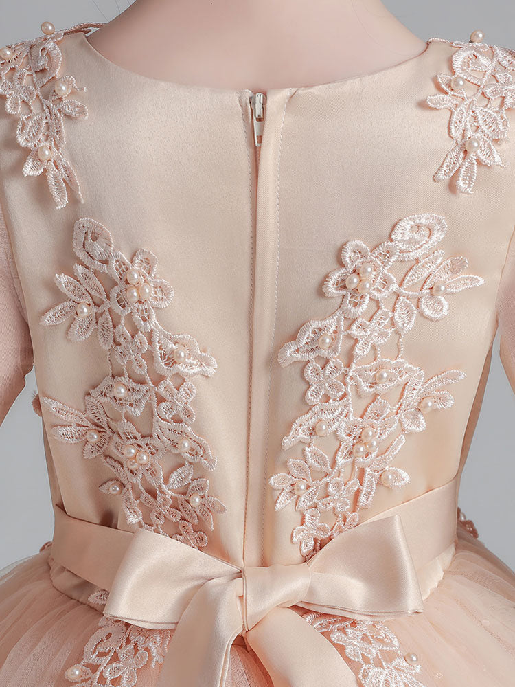 White Jewel Neck Sleeves Tulle Polyester Cotton Lace Embroidered Kids Party Dresses-showprettydress