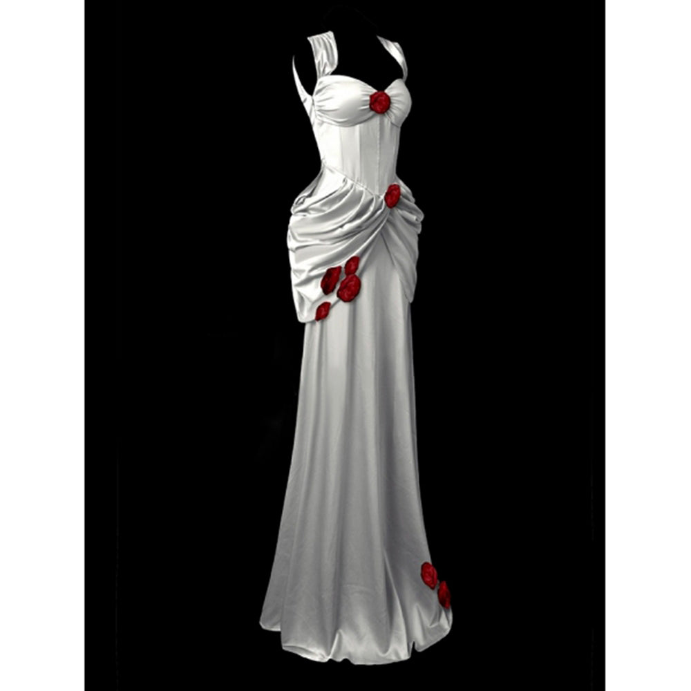 White Taffeta Red Rose Elegant Gothic Wedding Dress