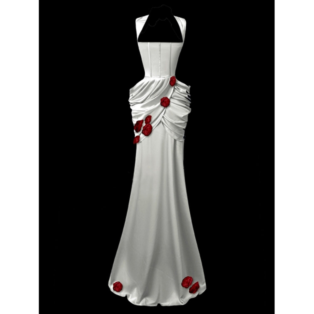 White Taffeta Red Rose Elegant Gothic Wedding Dress