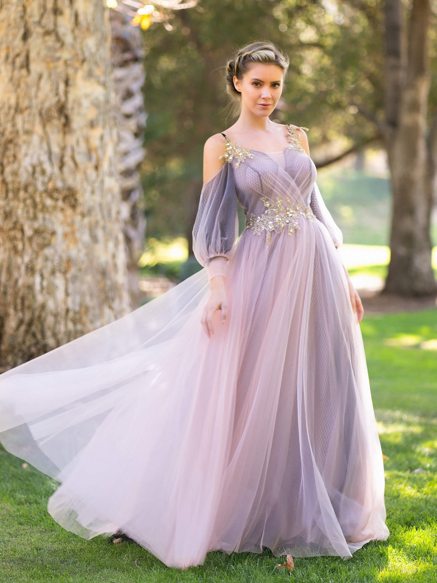 Roycebridal Ballkleider mit Wickeltop, Tüll und halblangen Ärmeln und Applikationen