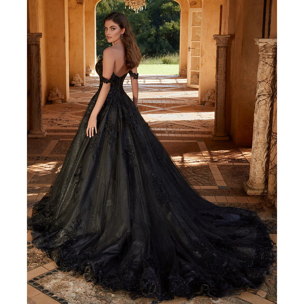Sweetheart Collar Off the Shoulder Lace Gothic Black Wedding Dress