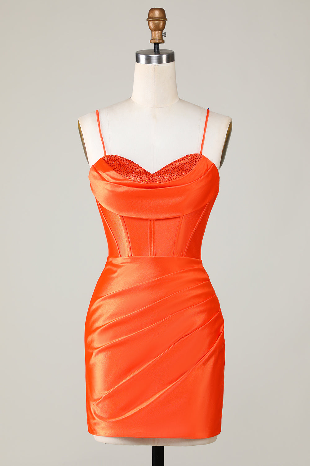 Robe de soirée courte moulante à corset perlé orange scintillant