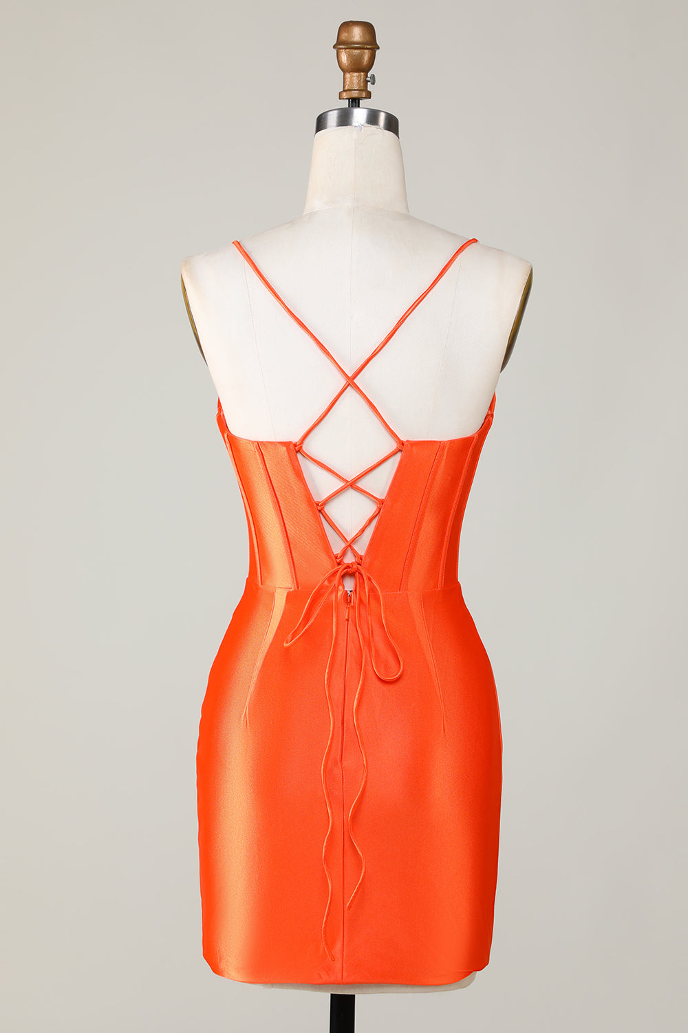 Robe de soirée courte moulante à corset perlé orange scintillant