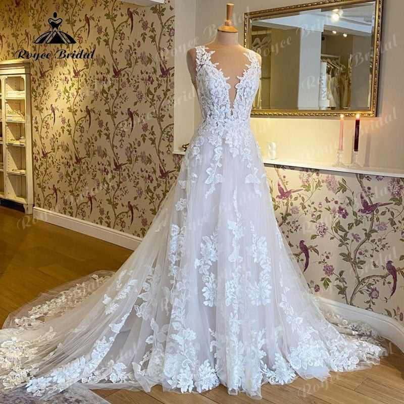 2022 Robe Mariee Ärmelloses V-Ausschnitt Hochzeitskleid Spitze Applikation Erröten Rosa Rückenfreies Brautkleid Robe de Soirée de Mariage Elegant