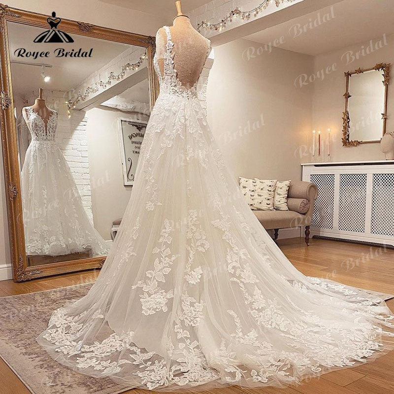 2022 Robe Mariee Ärmelloses V-Ausschnitt Hochzeitskleid Spitze Applikation Erröten Rosa Rückenfreies Brautkleid Robe de Soirée de Mariage Elegant