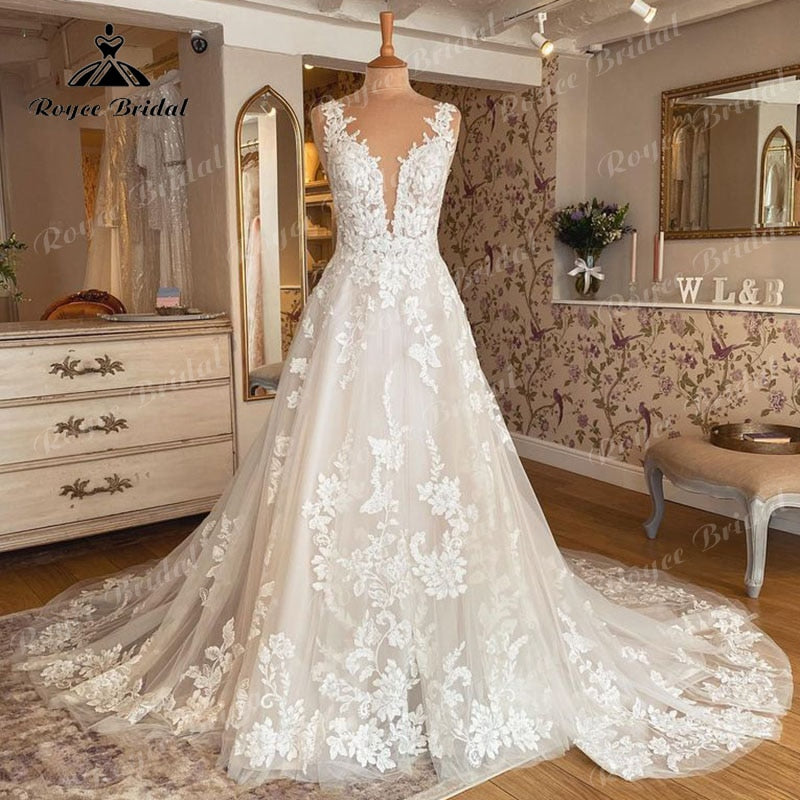 2022 Robe Mariee Ärmelloses V-Ausschnitt Hochzeitskleid Spitze Applikation Erröten Rosa Rückenfreies Brautkleid Robe de Soirée de Mariage Elegant