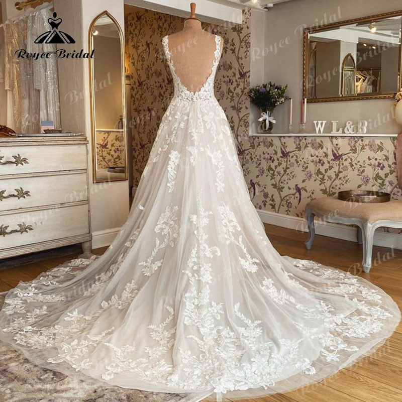 2022 Robe Mariee Ärmelloses V-Ausschnitt Hochzeitskleid Spitze Applikation Erröten Rosa Rückenfreies Brautkleid Robe de Soirée de Mariage Elegant