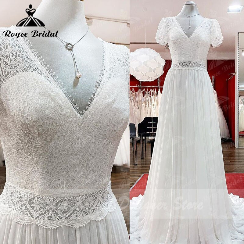 Robe Tiefer Brautkleid Open Back Kurzarm V-Ausschnitt Spitze Mieder Chiffon Brautkleider Nach Maß vestido de noiva