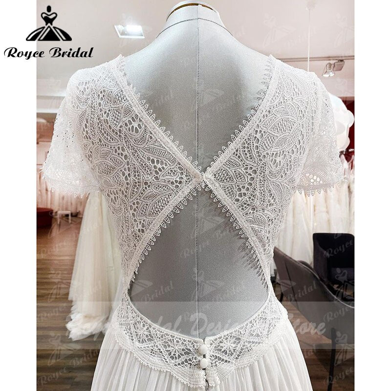 Robe Tiefer Brautkleid Open Back Kurzarm V-Ausschnitt Spitze Mieder Chiffon Brautkleider Nach Maß vestido de noiva