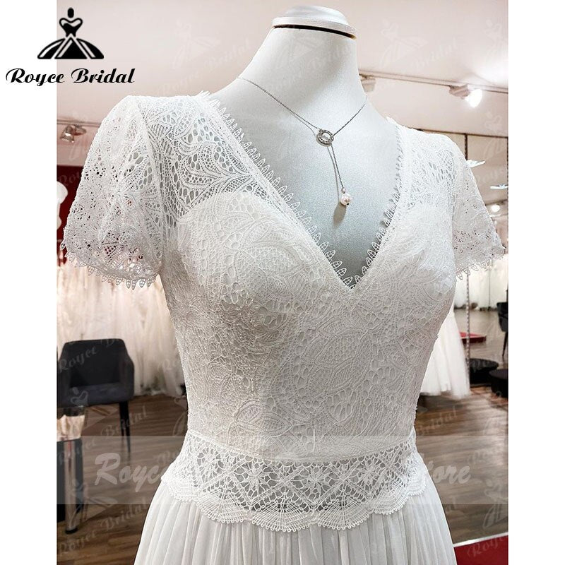 Robe Tiefer Brautkleid Open Back Kurzarm V-Ausschnitt Spitze Mieder Chiffon Brautkleider Nach Maß vestido de noiva