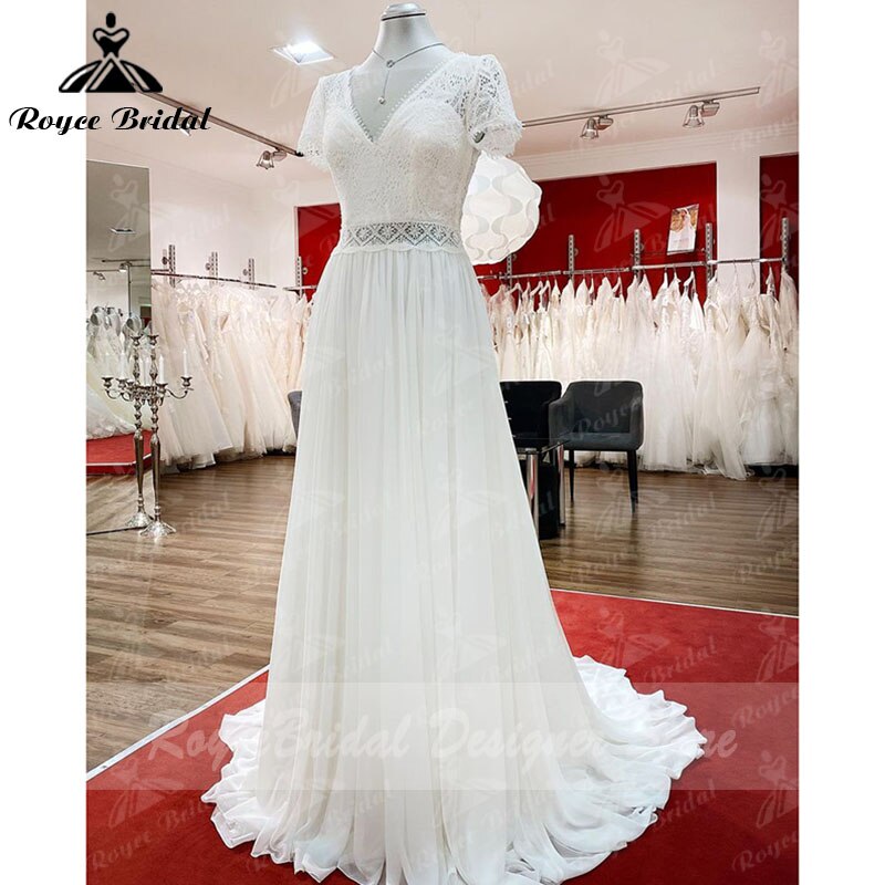 Robe Tiefer Brautkleid Open Back Kurzarm V-Ausschnitt Spitze Mieder Chiffon Brautkleider Nach Maß vestido de noiva