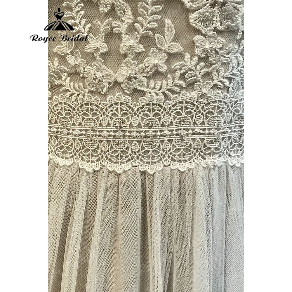 A Line Boho Lace Bodice Beach Sleeveless Wedding Gowns for Women 2025 Robe Bridal Dress Illusion Vestidos De Novia Roycebridal