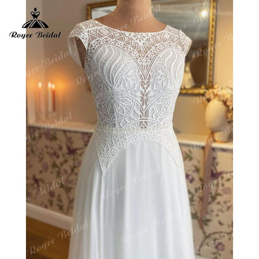 Robe de mariée style bohème, coupe trapèze, col rond, manches courtes, corsage en dentelle, mousseline de soie, robe de mariée de plage, sur mesure