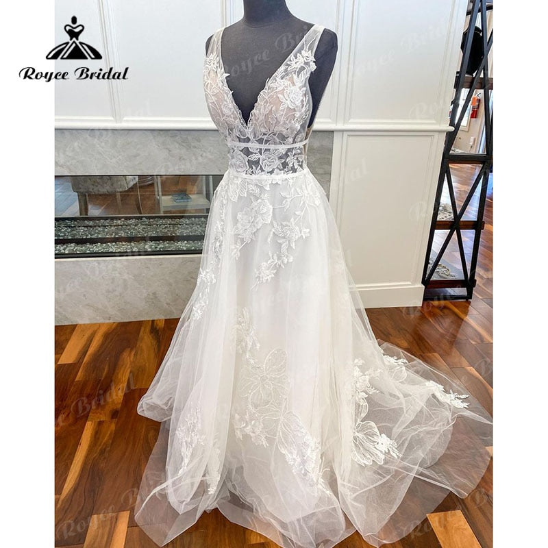 Robe de mariée bohème à col en V et dentelle florale, coupe trapèze, dos nu, traîne, style vintage, pour femmes, 2025