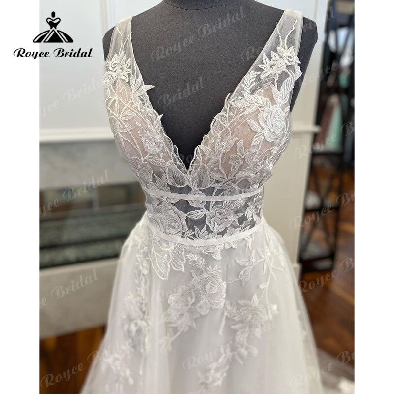 Robe de mariée bohème à col en V et dentelle florale, coupe trapèze, dos nu, traîne, style vintage, pour femmes, 2025