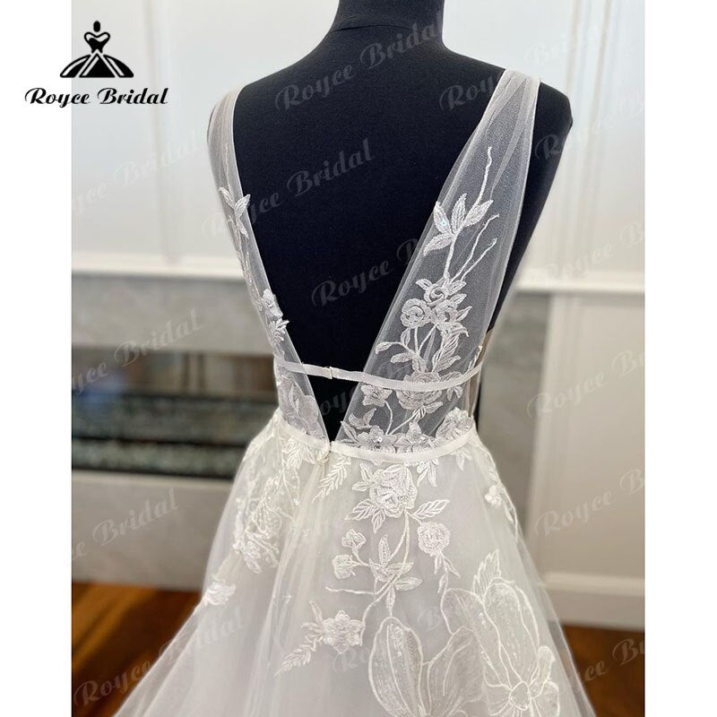 Robe de mariée bohème à col en V et dentelle florale, coupe trapèze, dos nu, traîne, style vintage, pour femmes, 2025