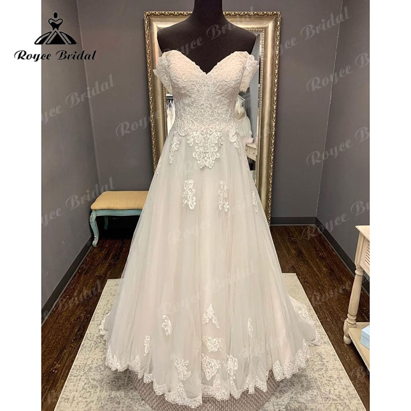 Roycebridal Cap Sleeve Sweep Train V Neck Lace Appliques Wedding Dress Off the Shoulder Sweep Train 2025 Civil Bridal Boho Wedding Gowns