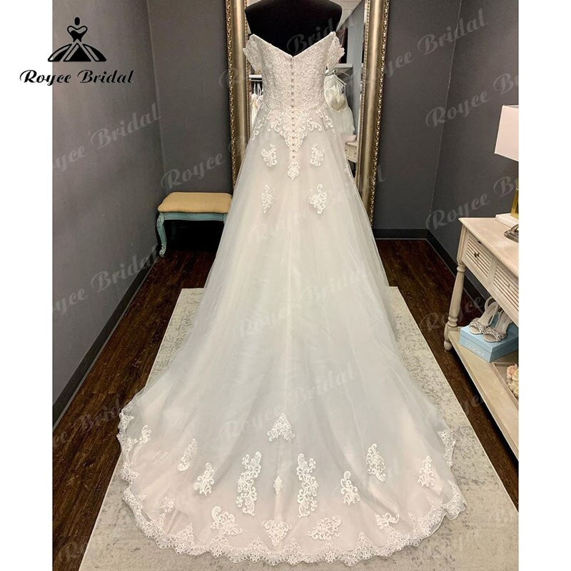 Roycebridal Cap Sleeve Sweep Train V Neck Lace Appliques Wedding Dress Off the Shoulder Sweep Train 2025 Civil Bridal Boho Wedding Gowns