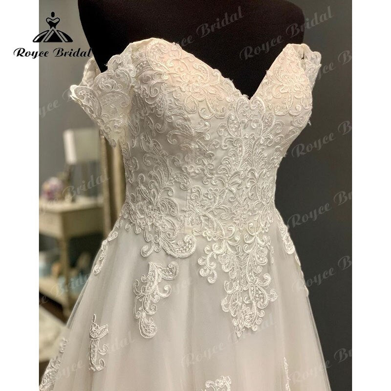 Roycebridal Cap Sleeve Sweep Train V Neck Lace Appliques Wedding Dress Off the Shoulder Sweep Train 2025 Civil Bridal Boho Wedding Gowns