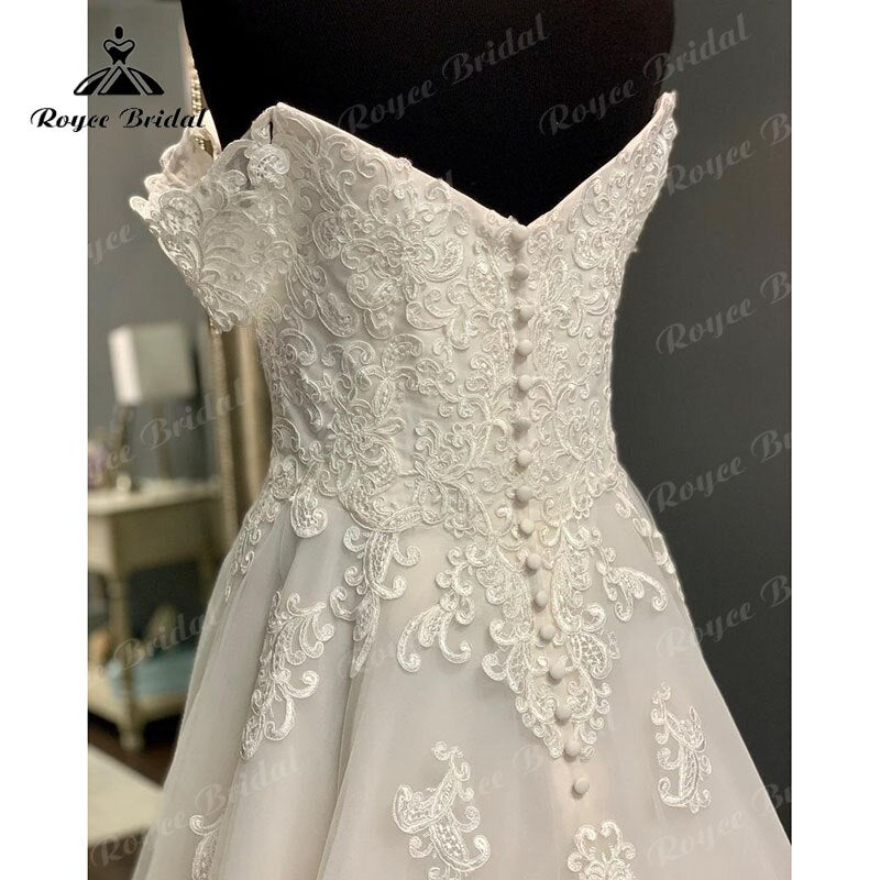 Roycebridal Cap Sleeve Sweep Train V Neck Lace Appliques Wedding Dress Off the Shoulder Sweep Train 2025 Civil Bridal Boho Wedding Gowns