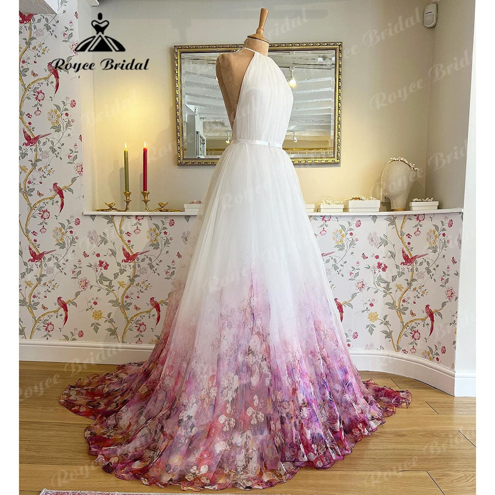 Halter Neck Chiffon A Line Garden Floral Print Wedding Dress Open Back 2025 Pleats Wedding Gowns for Bridal sukienka na wesele