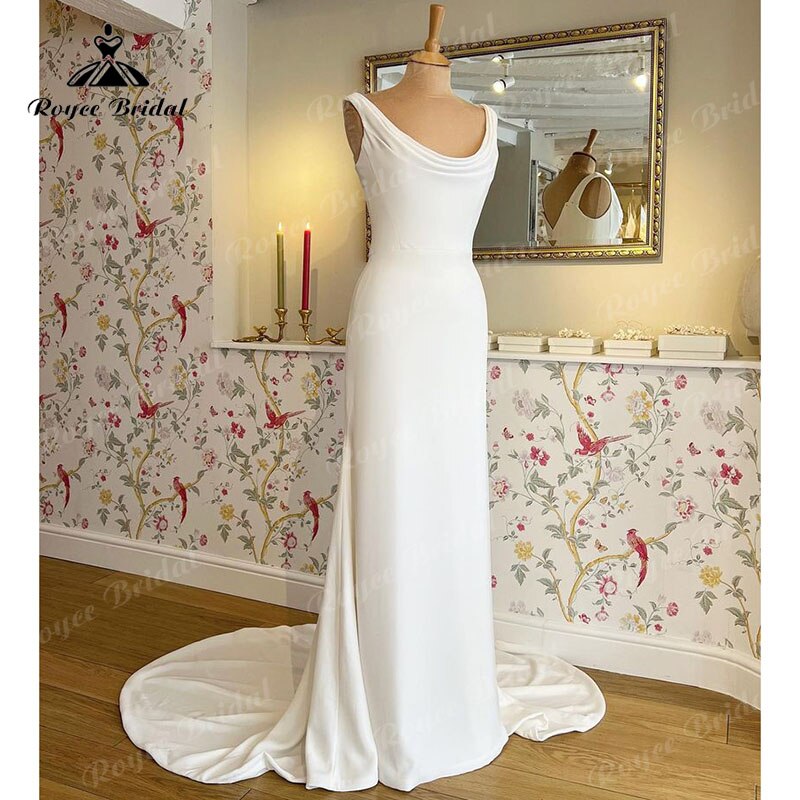 Roycebridal Mermaid/Trumpet Boho Sleeveless Wedding Dress Scoop Neck Beach Sweep Beach Off White Soft Satin vestido de boda corte sirena