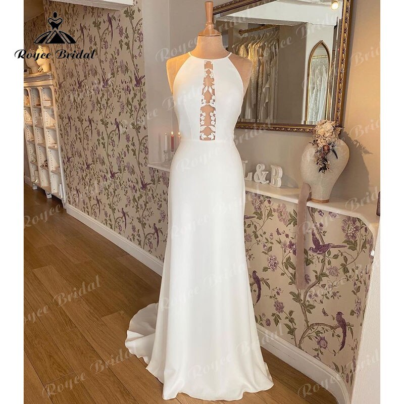 Mermaid/Trumpet Halter Off the Shoulder Wedding Dress Satin Lace Applique Open Back Illusion vestido de boda corte sirena