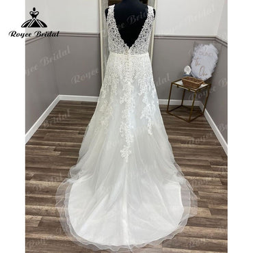Roycebridal Robe de mariée sirène/trompette grande taille, col en V, appliques en dentelle, dos nu, traîne, élégante, 2025