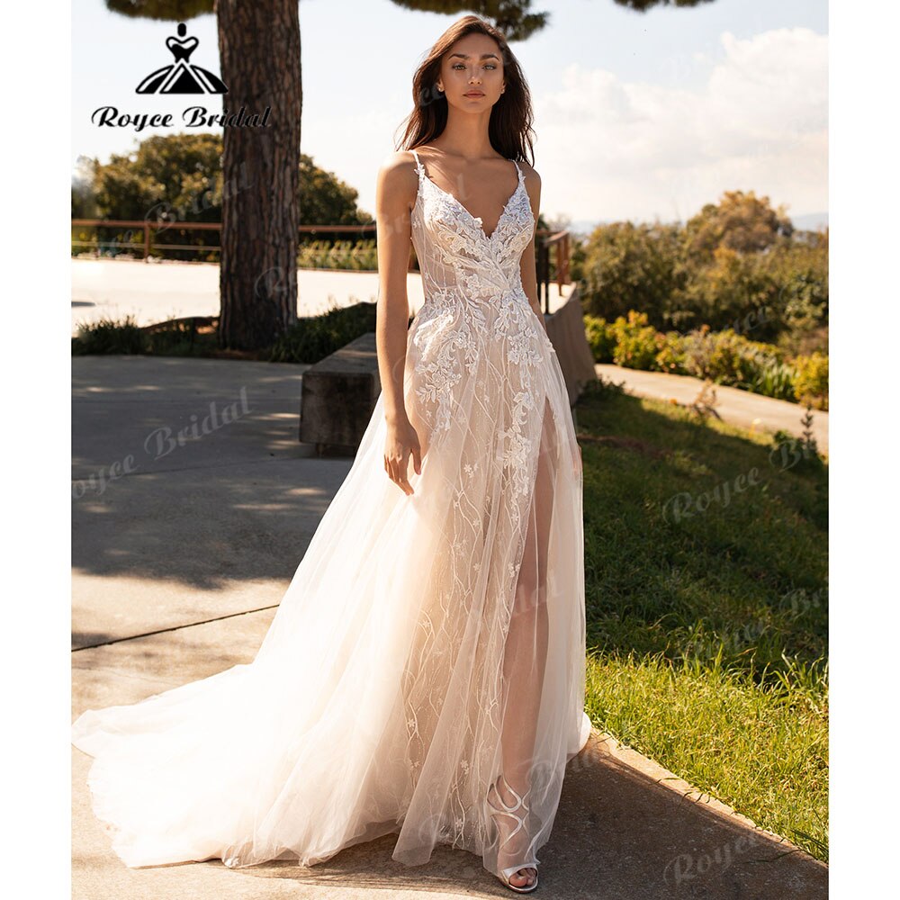 Robe Boho Champagner Spitze Bohemian Backless Brautkleid Strand V-Ausschnitt 2025 Applikationen Spaghetti-Trägern Brautkleider Nach Maß