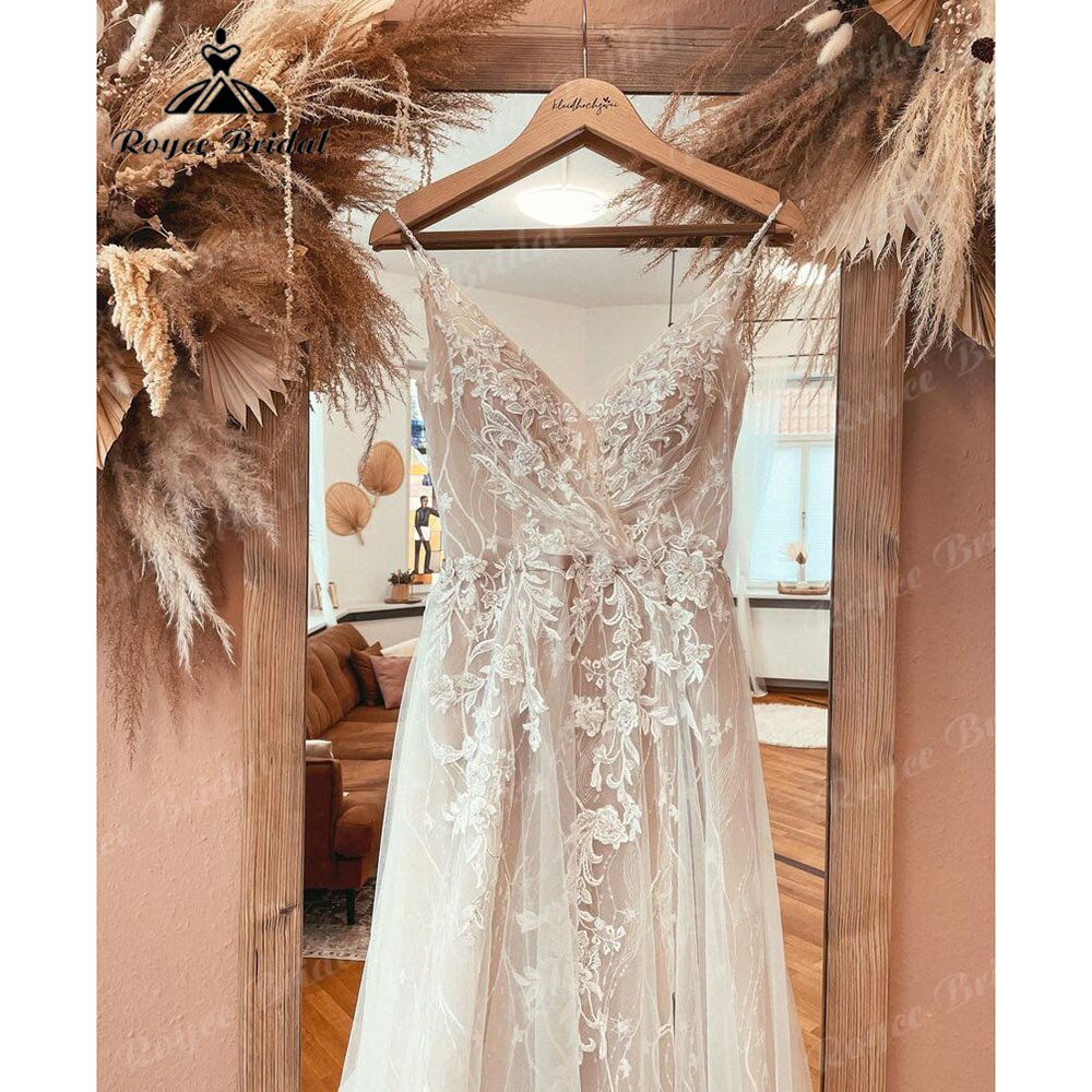 Robe Boho Champagner Spitze Bohemian Backless Brautkleid Strand V-Ausschnitt 2025 Applikationen Spaghetti-Trägern Brautkleider Nach Maß