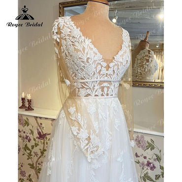 Robe De mariée Mariage Robe De mariée à manches longues dentelle Applique col en V balayage Train robes De mariée 2022 Robe civile vestidos de novia