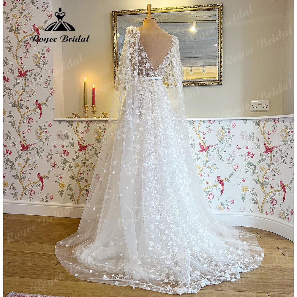 Roycebridal Deep V Neck Lace Floral Beach Fairy Wedding Dresses with Cape 2025 Backless Wedding Gowns vestido de noiva princesa