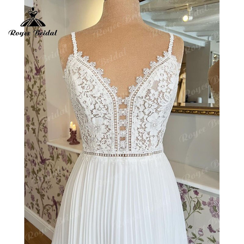 Robe de mariée à col en V, corsage en dentelle, bretelles spaghetti, style bohème, mousseline froncée, 2025, robe de mariée civile, ligne A, robes de mariée d'été pour la plage