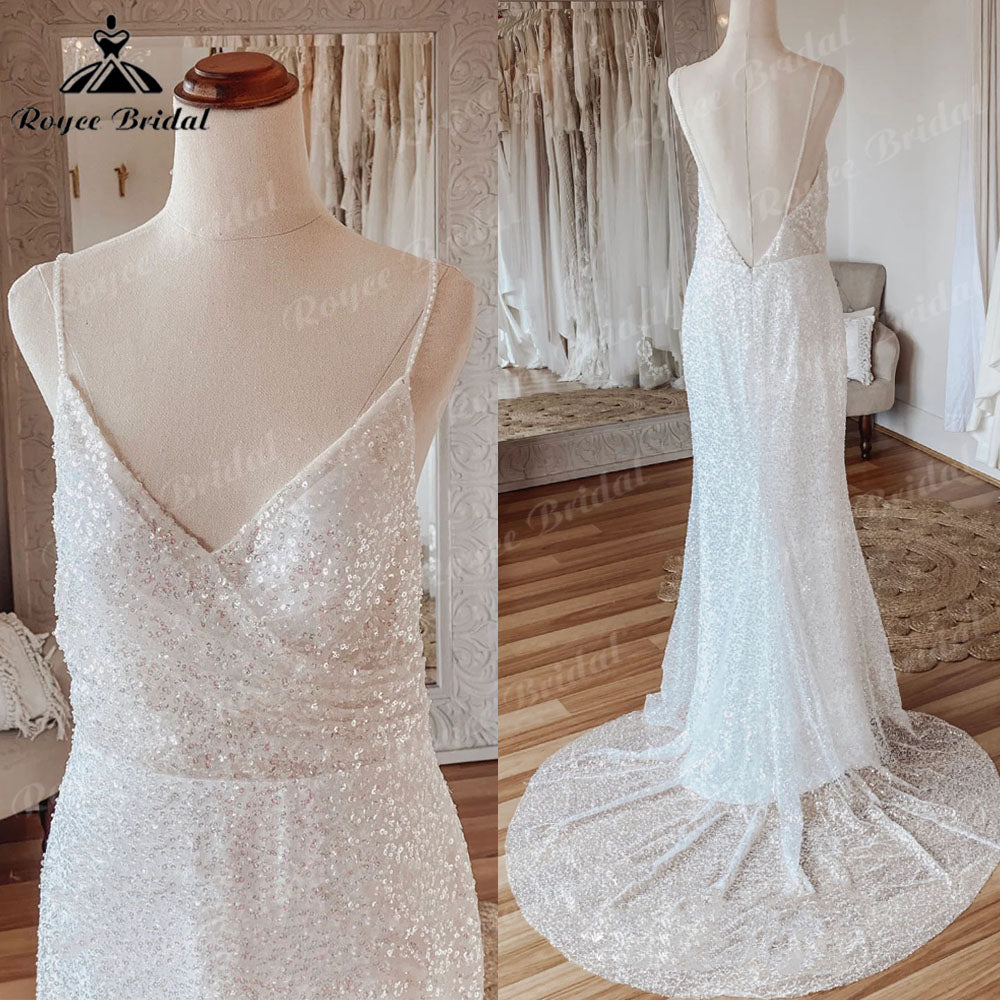 Robe de mariée sirène bohème à paillettes scintillantes et bretelles spaghetti, robe de réception de mariage élégante