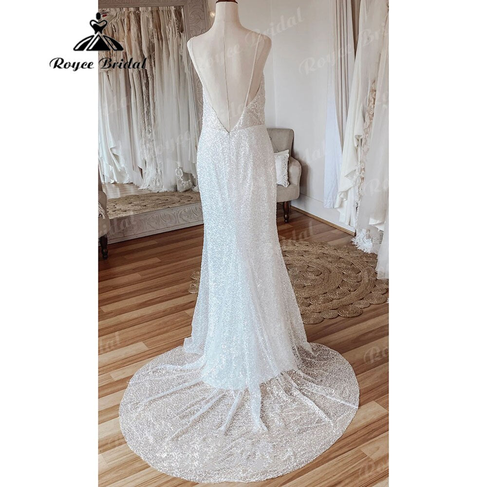Robe de mariée sirène bohème à paillettes scintillantes et bretelles spaghetti, robe de réception de mariage élégante