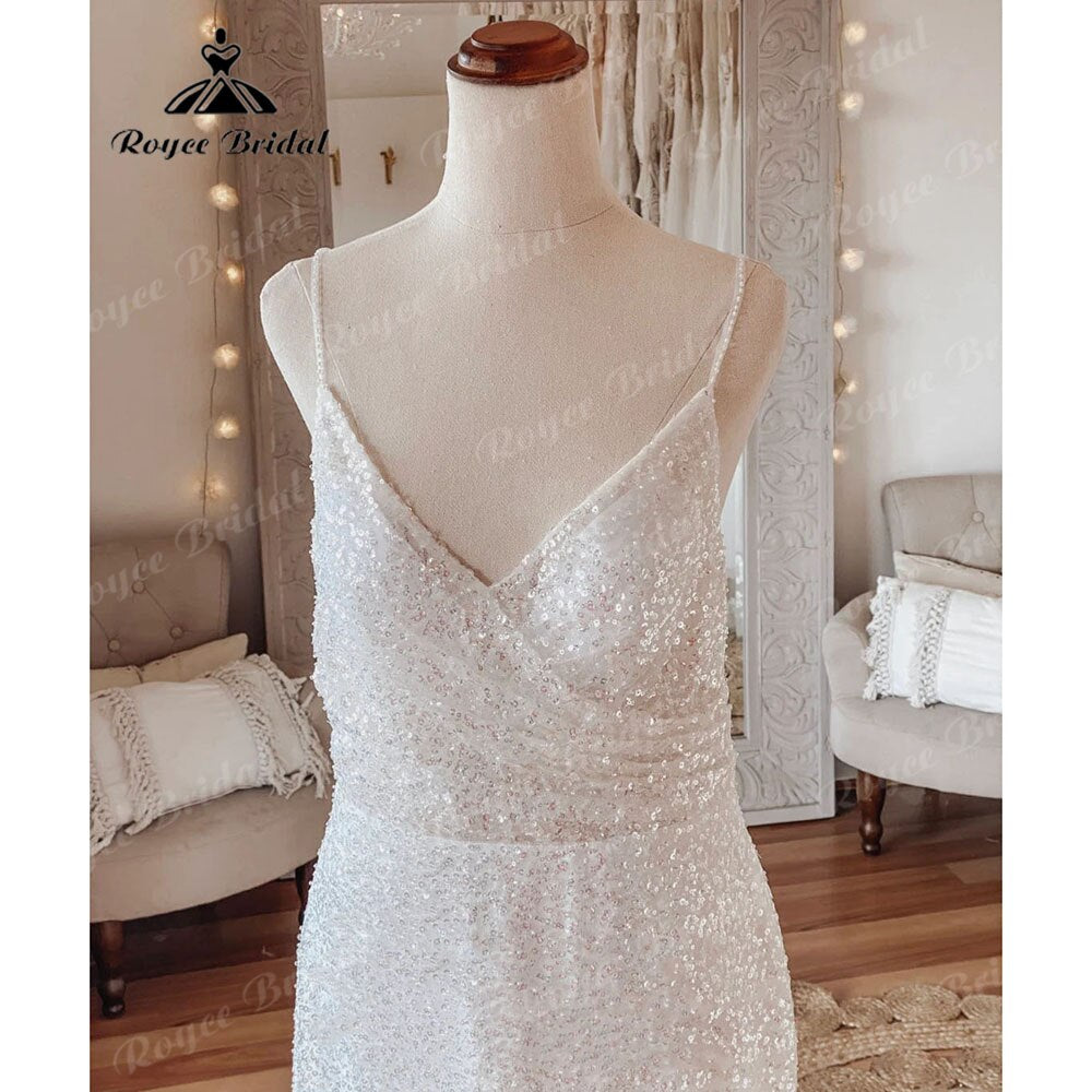 Robe de mariée sirène bohème à paillettes scintillantes et bretelles spaghetti, robe de réception de mariage élégante