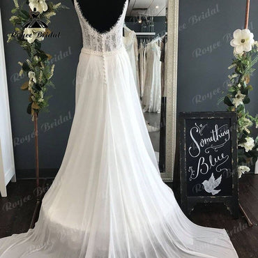 Robe de mariée bohème pour femme, col en V, corsage en dentelle, mousseline, dos nu, robe de mariée de plage, bretelles spaghetti