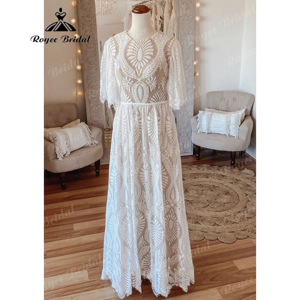 Robe de mariée vintage bohème en dentelle, dos nu, avec manches, style plage, style bohème, 2025