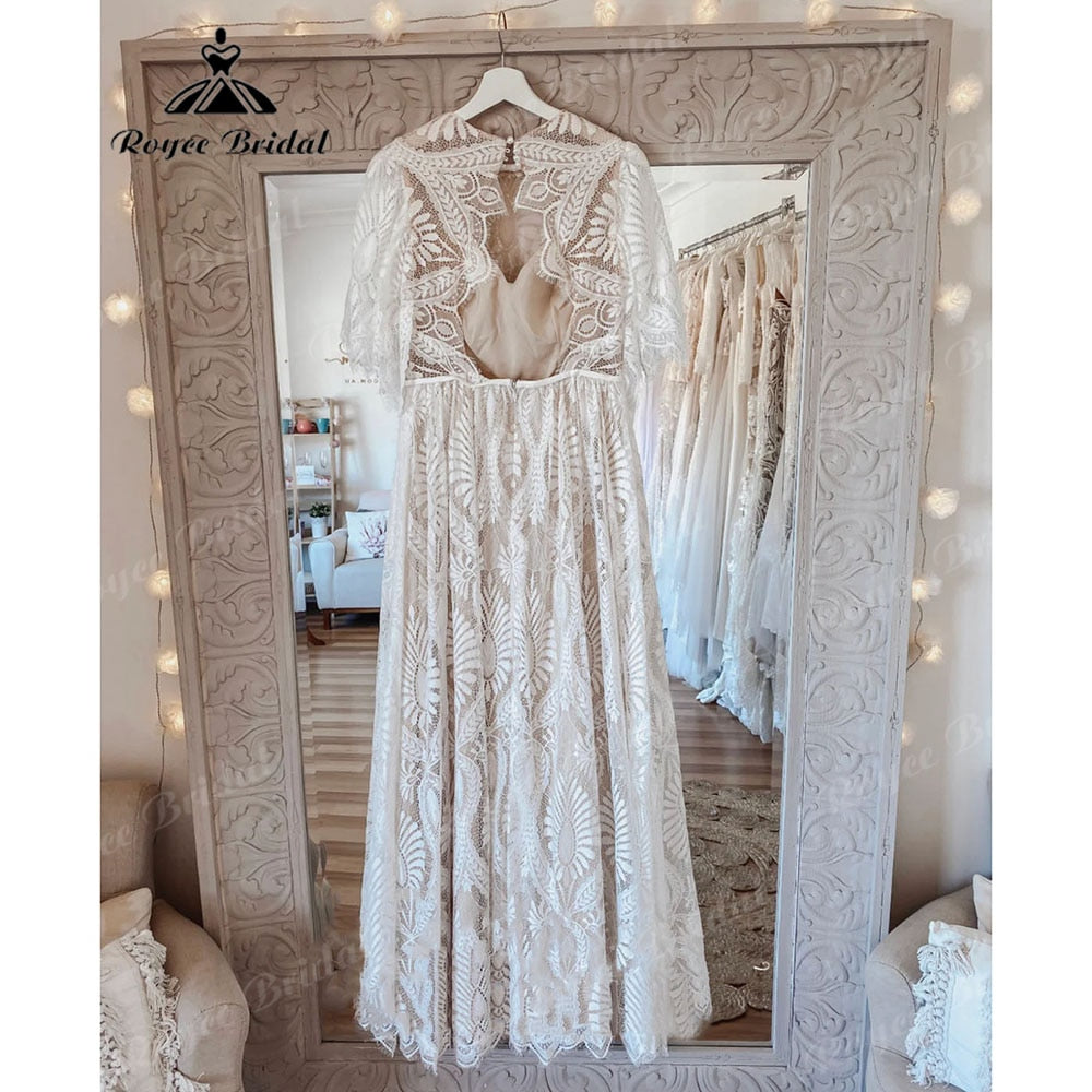 Robe de mariée vintage bohème en dentelle, dos nu, avec manches, style plage, style bohème, 2025