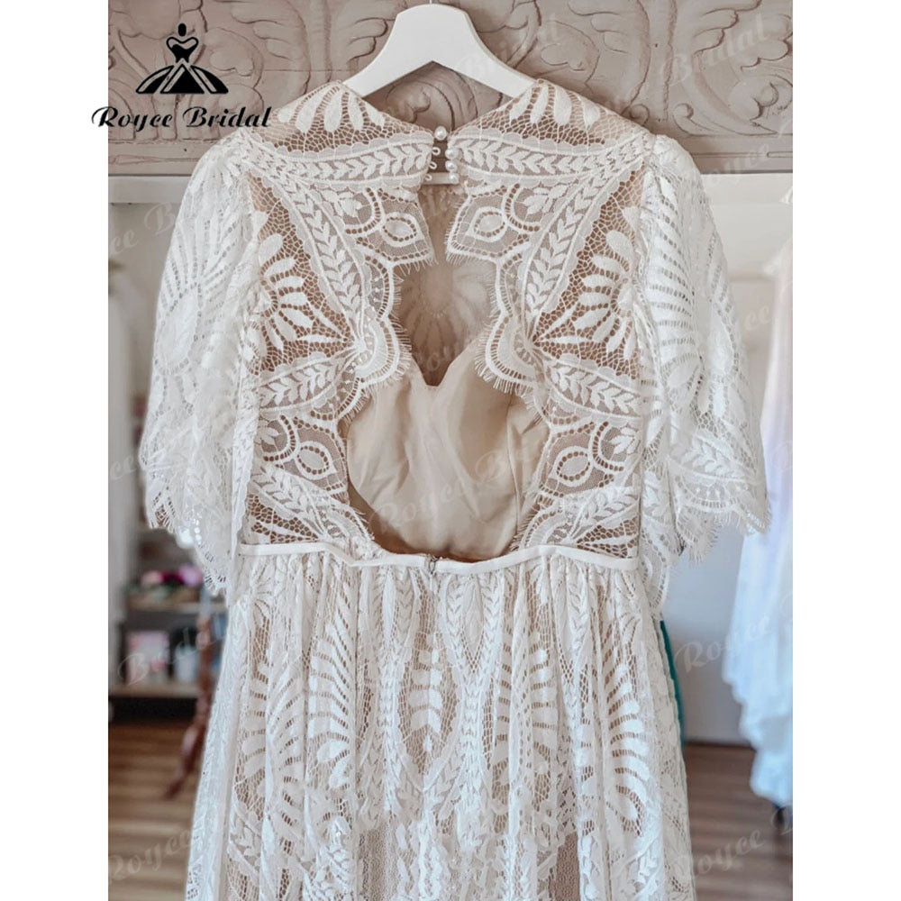 Robe de mariée vintage bohème en dentelle, dos nu, avec manches, style plage, style bohème, 2025