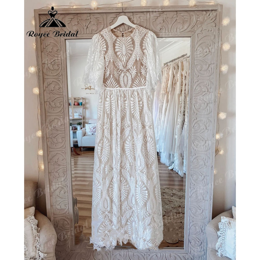Robe de mariée vintage bohème en dentelle, dos nu, avec manches, style plage, style bohème, 2025