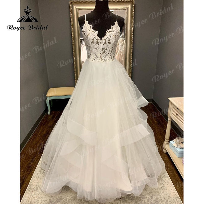 Roycebridal Vintage Boho V-Ausschnitt Spitzenmieder Offener Rücken A-Linie Brautkleid Spaghettiträger Strandrobe Standesamt Brautkleider 2025