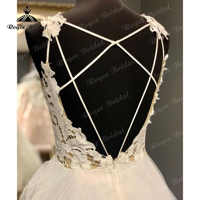 Roycebridal Vintage Boho V-Ausschnitt Spitzenmieder Offener Rücken A-Linie Brautkleid Spaghettiträger Strandrobe Standesamt Brautkleider 2025