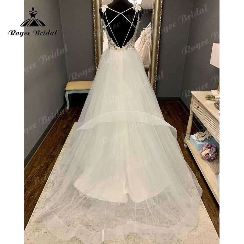 Roycebridal Vintage Boho V-Ausschnitt Spitzenmieder Offener Rücken A-Linie Brautkleid Spaghettiträger Strandrobe Standesamt Brautkleider 2025