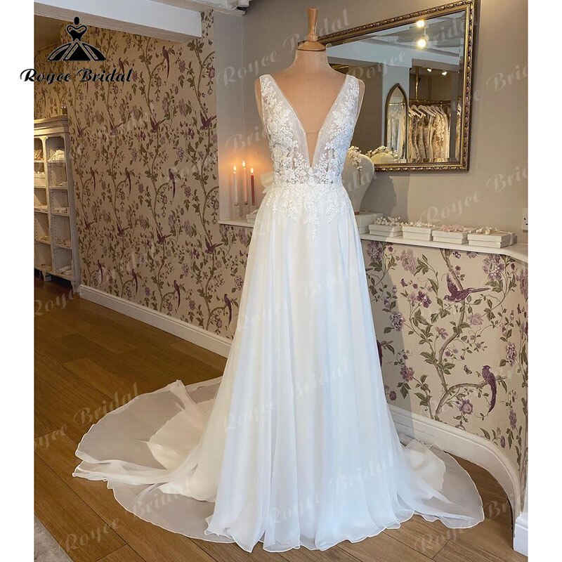 Vintage Sleeveless Beach Wedding Dress Deep V Neck Lace Floral Chiffon Backless Boho Bridal Gowns Vestido De Noiva Custom Made