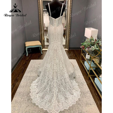 Robe de mariée bohème style sirène, col en V, bretelles spaghetti, style vintage, style bohème, sur mesure, 2025